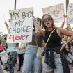 Abortion rights protesters chant during a Pro Choice rally in Tucson, Arizona