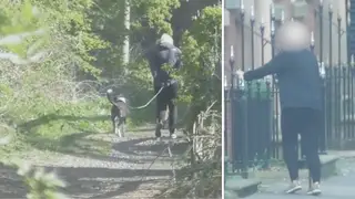 The fraudster walking her dog unaided (L) and (R) walking with aid of a stick