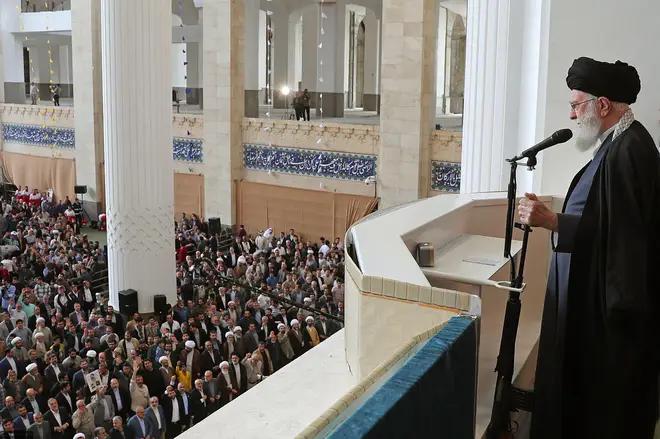 Iranian leader Ayatollah Ali Khamenei delivers his sermon during the Eid al-Fitr prayer in Tehran.
