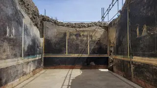 A banquet hall, with elegant black walls, decorated with mythological subjects inspired by the Trojan War, recently unearthed in the Pompeii archaeological area near Naples in southern Italy