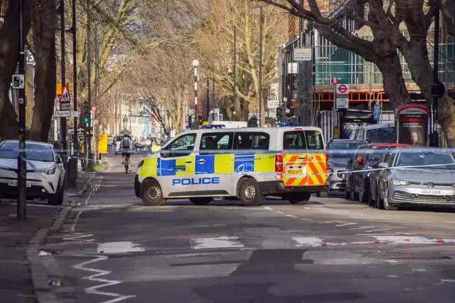 A police cordon is in place near Euston Station after a suspected drive-by shooting outside St Aloysius R.C. Church, January 15, 2023