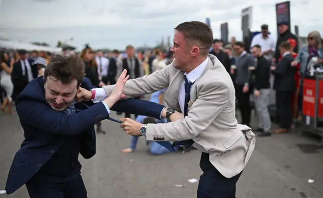 Fights break out on the second day of the Grand National Festival horse race meeting at Aintree Racecourse in Liverpool