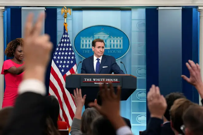 White House national security communications adviser John Kirby speaks during a press briefing, April 4