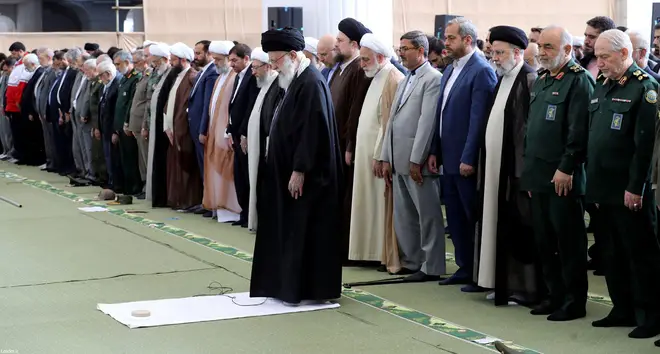 Iranian supreme leader Ayatollah Ali Khamenei attends for leading the Eid al-Fitr prayer ceremony in Tehran, April 10
