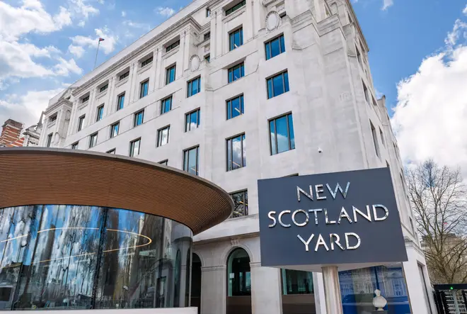 New Scotland Yard, London. Sign outside the Metropolitan Police headquarters at New Scotland Yard, Victoria Embankment, London, England, UK