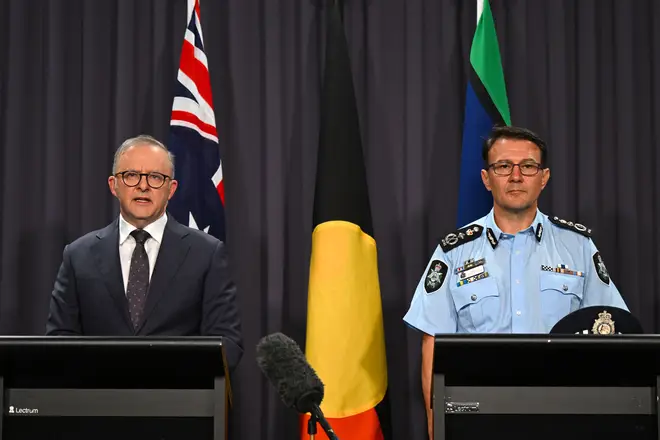 Australian Prime Minister Anthony Albanese and the Commissioner of the Australian Federal Police (AFP) Reece Kershaw speak to the media