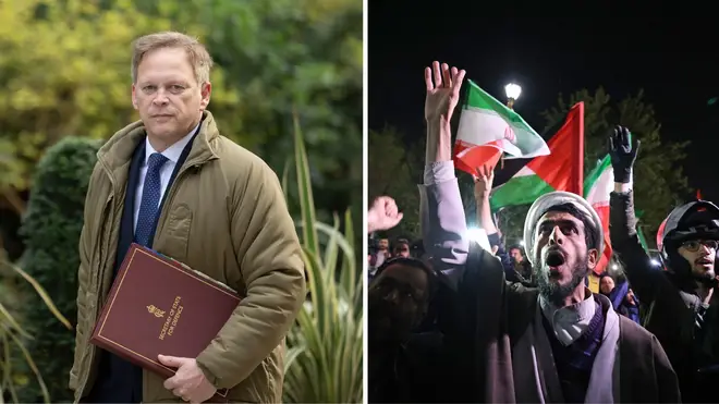 Plans have been drawn up for an evacuation of Brits from the Middle East. Defence Secretary Grant Shapps (l) and protesters outside the British Embassy in Tehran (r)