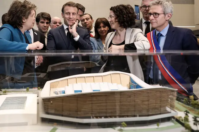 Emmanuel Macron, Mayor of Paris Anne Hidalgo and Head of Seine-Saint-Denis general council Stephane Trousse during the inauguration of the Olympic aquatics centre