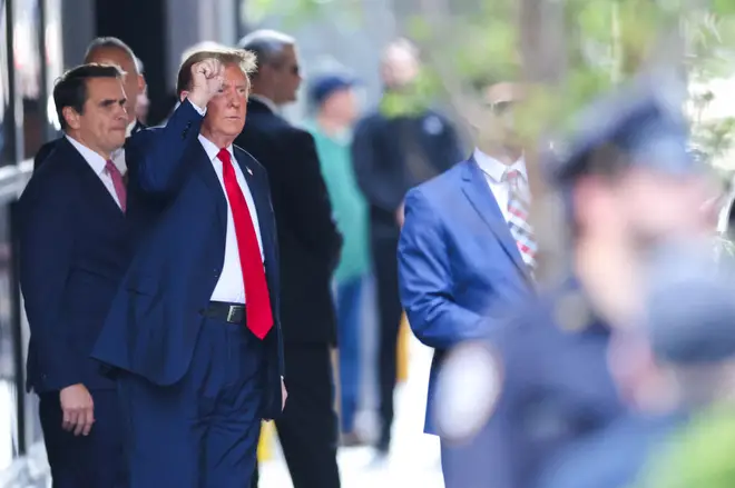 The former president was seen departing Trump Tower in the direction of the Manhattan Courthouse on Monday morning, where the historic criminal trial is set to commence.