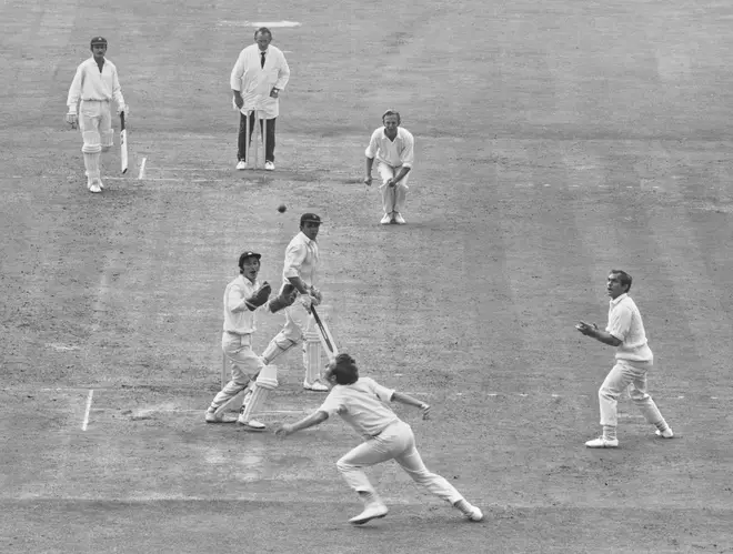 Derek Underwood bowling against India at the Oval in 1971