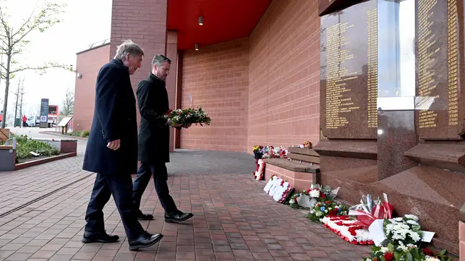 Sir Kenny Dalglish and Billy Hogan laying a wreath at the Hillsborough memorial