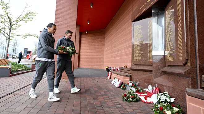 Jurgen Klopp manager of Liverpool and Virgil van Dijk captain of Liverpool laying a wreath at the Hillsborough memorial