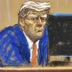 In this courtroom sketch, former US president Donald Trump turns to face the audience at the beginning of his trial over charges that he falsified business records to conceal money paid to silence por