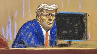 In this courtroom sketch, former US president Donald Trump turns to face the audience at the beginning of his trial over charges that he falsified business records to conceal money paid to silence por
