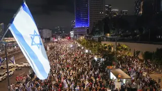 People protest against Israeli Prime Minister Benjamin Netanyahu’s government and call for the release of hostages held in the Gaza Strip by the Hamas militant group in Tel Aviv, Israel