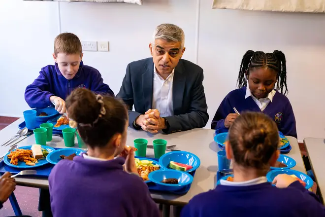 Sadiq Khan has promised to give all primary school children in London free school meals for another four years if he is re-elected
