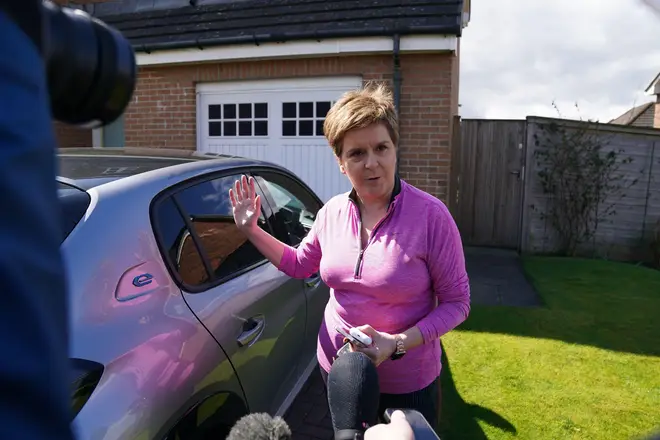 Nicola Sturgeon speaks to reporters outside her home in Uddingston, Glasgow, after her husband, former SNP chief executive Peter Murrell, was charged in connection with embezzlement of SNP funds