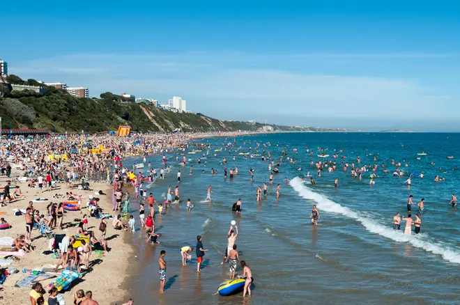 Crowded Bournemouth beach, England, UK