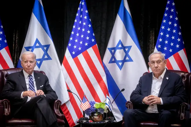 Biden and Netanyahu at the start of the Israeli war cabinet meeting n Tel Aviv on October 2023