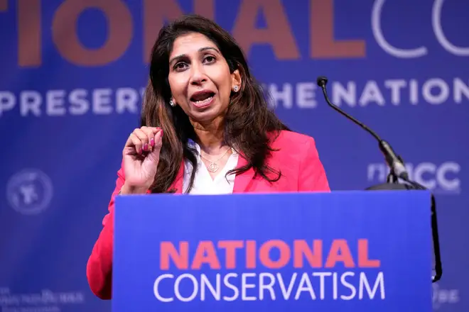 Former British Home Secretary Suella Braverman speaks during the National Conservatism conference in Brussels, Tuesday, April 16, 2024. (AP Photo/Virginia Mayo)