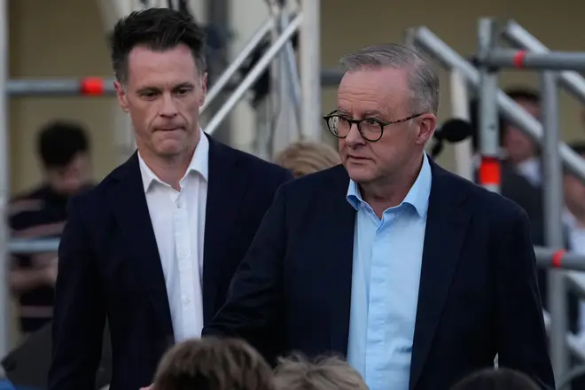 Australian Prime Minister Anthony Albanese with New South Wales Premier Chris Minns a a candlelit vigil for the knife attack
