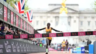 Peres Jepchirchir of Kenya crosses the finish line to win the women's race