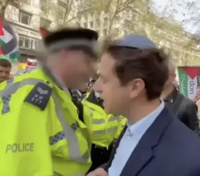 Gideon Falter, chief executive of the Campaign Against Antisemitism (CAA) told LBC's Rachel Johnson that a pro-Palestine protestor had shouted abuse at him while police were surrounding him in now-viral footage.