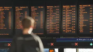 A passenger looks at the travel boards