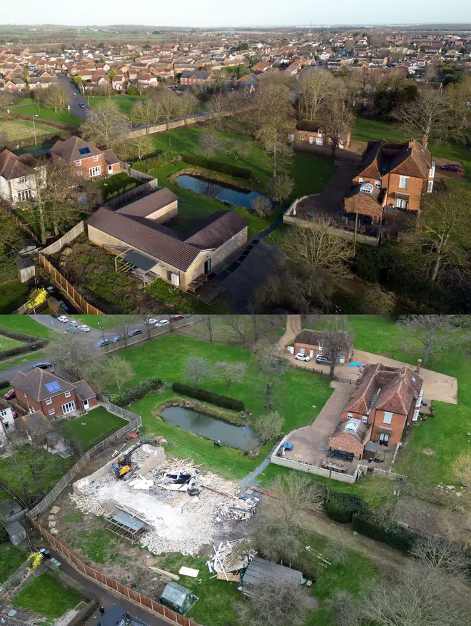 The spa building (top) and the scene at the house as it was being demolished