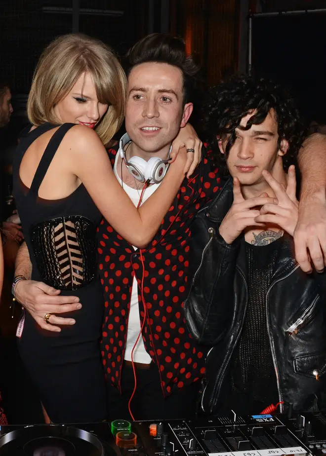 Taylor Swift, Nick Grimshaw and Matt Healy at the Brits party in 2015