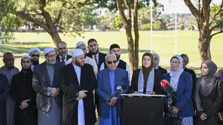 Ramia Abdo Sultan, lawyer and communications relations advisor of the Australian National Imams Council with Imams speaks during a press conference in Sydney g