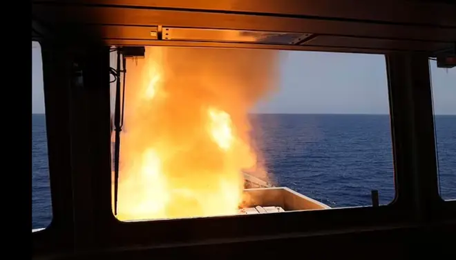 A Sea Viper missile is launched from HMS Diamond to shoot down a missile fired by the Iranian-backed Houthis from Yemen