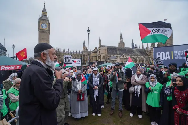 London, UK. 27  April, 2024.  Speakers in Parliament  Square ahead of the National March for Palestine.