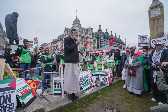 London, UK. 27  April, 2024.  Speakers in Parliament  Square ahead of the National March for Palestine.