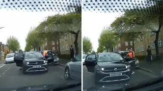 The video appears to show four men trying to force a Jewish man into their car boot