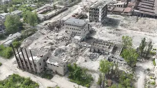 A drone photo showing devastation in Chasiv Yar