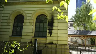Fire damage on the facade of the Nozyk Synagogue in Warsaw