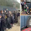 Protesters have surrounded a coach outside a hotel in London reportedly planning to relocate migrants to the Bibby Stockholm barge.