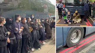 Protesters have surrounded a coach outside a hotel in London reportedly planning to relocate migrants to the Bibby Stockholm barge.