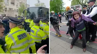 Several protesters were detained after trying to block the bus