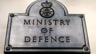 Placard outside the British Ministry of Defence headquarters of the Armed Forces