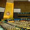 Interior of the chamber of the UN General Assembly at United Nations headquarters in New York