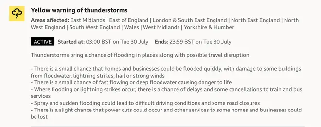 Yellow thunderstorm warnings have been put in place