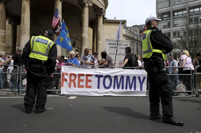 A banner saying, Free Tommy, during the rally in London.