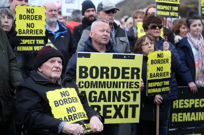 Border Communities Against Brexit holding protests against a hard border on Old Belfast Road in Carrickcarnon on the northern side of the Irish border, between Newry and Dundalk.