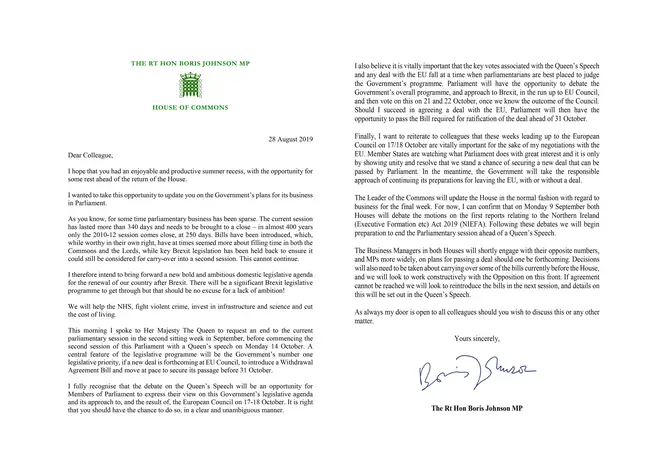 Boris Johnson has written a two page letter to MPs to set out his plans to suspend parliament to prepare for a Queen's Speech on 14 October.