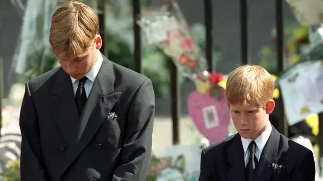 Prince William and Harry at the funeral of Princess Diana