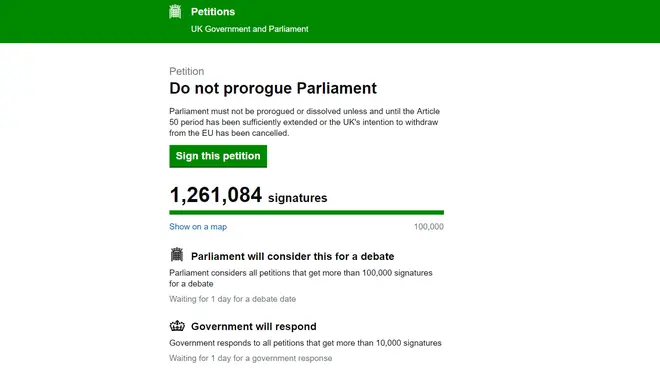 Screen grab taken from the UK Government and Parliament petitions website of a petition titled "Do not prorogue Parliament" which has 1.2 million signatures calling for Prime Minister Boris Johnson not to suspend Parliament.