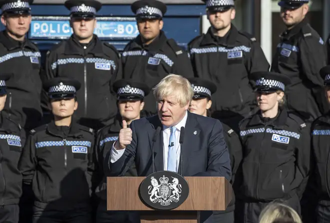 Prime Minister Boris Johnson used police officers as a backdrop for a political speech