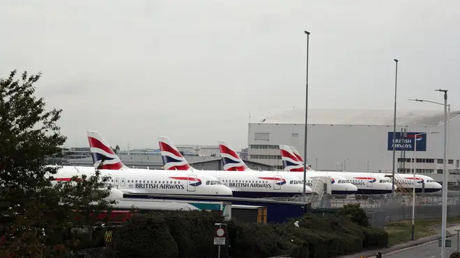 British Airways planes parked at the Engineering Base at Heathrow Airport on day one of the strike